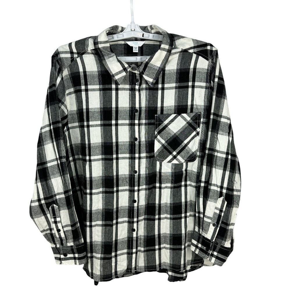 Time And Tru Womens Plaid Button-Up Shirt XXXL (22) Long Sleeve Black/White